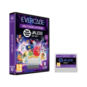 Evercade Jaleco Arcade 1 multi-game cartridge box with colorful characters, and a separate Jaleco cartridge beside it on a black background.