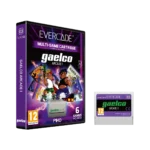 Evercade Gaelco Arcade 1 boxed game with purple artwork and a standalone Gaelco cartridge beside it, 6 games included label visible.",