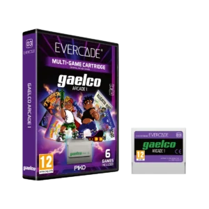 EVE-PIK1-RTAIL - Video Game Depot Evercade Gaelco Arcade 1 boxed game with purple artwork and a standalone Gaelco cartridge beside it, 6 games included label visible.",