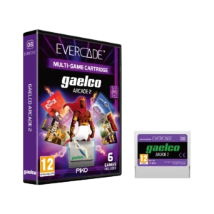 Gaelco Arcade 2 multi-game cartridge box with purple design and a small cartridge next to it, labeled 'EVERCADE' and '6 GAMES INCLUDED'