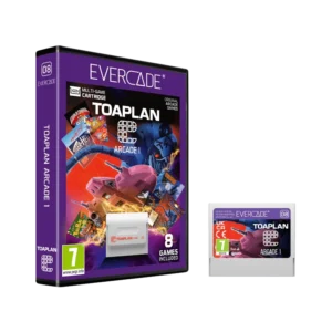 Purple Evercade Toaplan Arcade 1 game box with artwork and an accompanying cartridge, advertised as 8 games included.