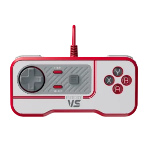 Red and gray Evercade VS game controller with a left D-pad and four red-bordered action buttons (A, B, X, Y) on a white panel.