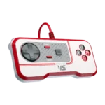 EVE-VSCT-PROA3 - Video Game Depot Wired retro-style game controller with red trim and gray D‑pad, four action buttons labeled A, B, X, Y, and Evercade VS branding, shown at an angled side view.