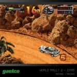 Retro arcade racing game: rally car speeds along a dusty orange desert road with rocky canyon walls in the background, on-screen UI at the top left and right (start/finish, timer, credits).