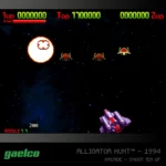 Space shooter screenshot from Gaelco's Alligator Hunt (1994): player purple ship at bottom right shoots at three red-crab enemies in a starry backdrop; a large glowing explosion effect on the left; score, lives, and missiles shown along the top/bottom edges.