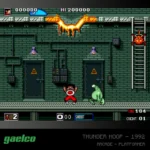 Retro arcade game screenshot: a muscular red-clad character facing a green dinosaur in a lab-like corridor with ladders and flaming vents above.