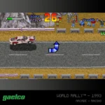Pixel-art arcade racing game screenshot: white rally car on a road, blue curved arrow in the center, spectators and rocky terrain in the background, score visible at top left.