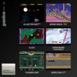 Six-game gallery of Gaelco arcade thumbnails: Alligator Hunt, Biomechanical Toy, Glass, Snow Board Championship, Thunder Hoop, and World Rally on a dark background with Gaelco branding on the left.