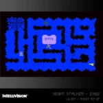 INTELLIVISION_COLLECTION1_1500x15003_56873c9f-9b48-47a3-b58b-6347f1d957a9 - Video Game Depot Title screen of Night Stalker (1982) for Intellivision, showing a blue maze with black walls and pixel characters on a dark background.