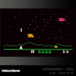 INTELLIVISION_COLLECTION1_1500x15004_1eb36a2d-75f8-489c-8b85-27e72db12181 - Video Game Depot Retro 1981 Intellivision Astrosmash screenshot: player white ship on the left, orange and pink explosions in space, starry background, green jagged ground at bottom with a small yellow ship, score and lives indicators below.