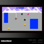 INTELLIVISION_COLLECTION1_1500x15005_ad205e73-bbb2-4ad9-b219-d9873cf56438 - Video Game Depot Screenshot from 1986 Intellivision game Thin Ice: grey arena, purple snow-mountain banner, blue blocks on left and right, various pixel characters and a hanging orange figure on a rope; score displayed at top.