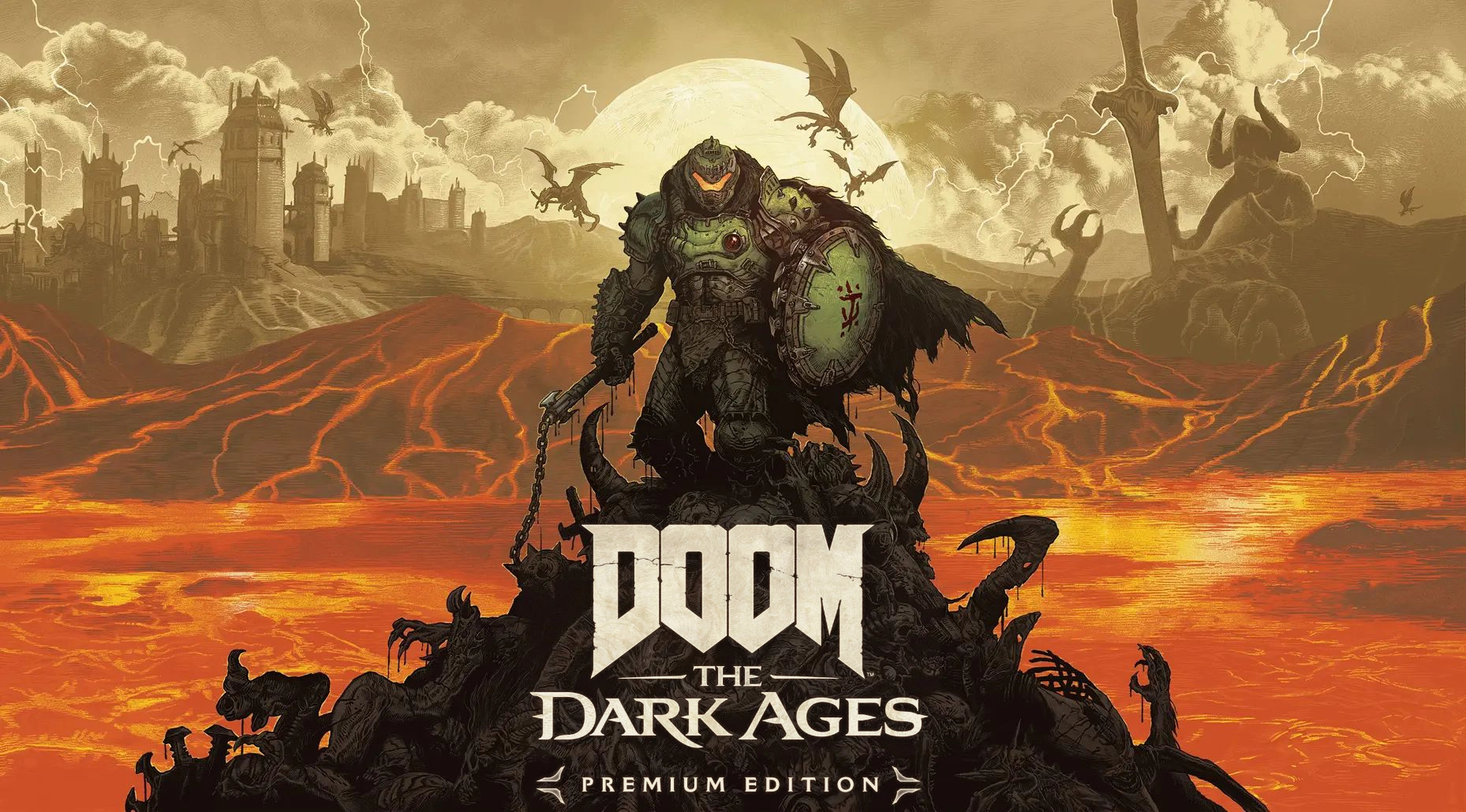 The Slayer standing on a mountain of demon corpses as lava flows in the background. 