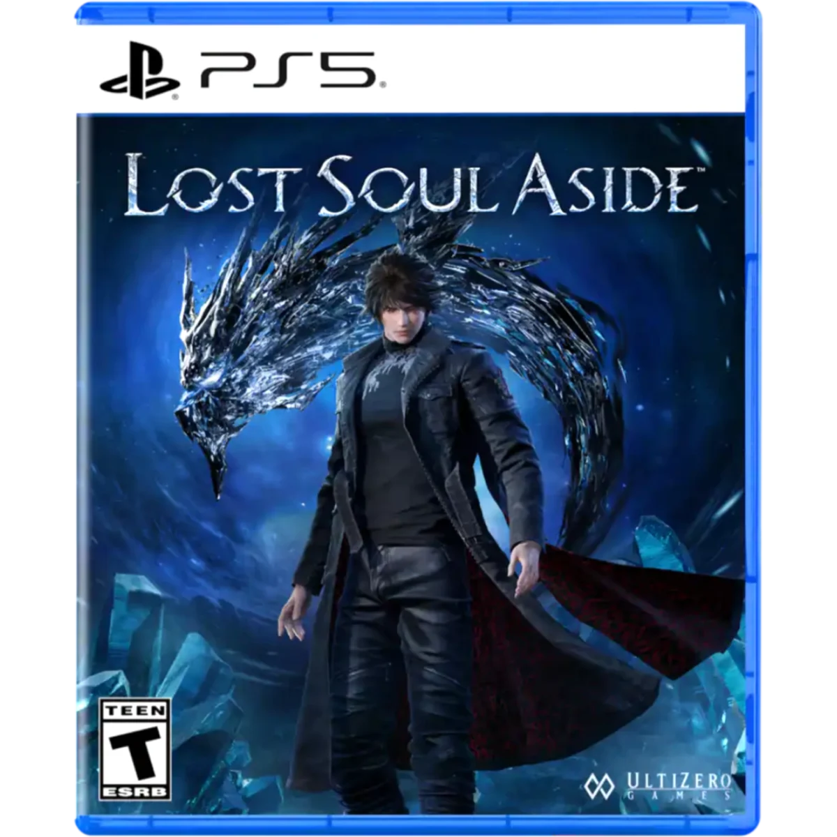 PS5 game cover for Lost Soul Aside: a man in a dark coat stands before a swirling blue dragon/ice backdrop.