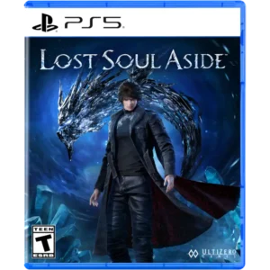 PS5 game cover for Lost Soul Aside: a man in a dark coat stands before a swirling blue dragon/ice backdrop.