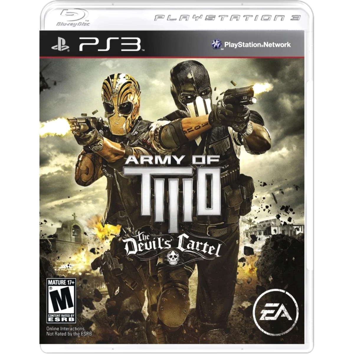PS3 game cover for Army of Two: The Devil's Cartel, showing two masked soldiers firing pistols amid a smoky battlefield.