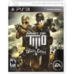 PS3 game cover for Army of Two: The Devil's Cartel, showing two masked soldiers firing pistols amid a smoky battlefield.