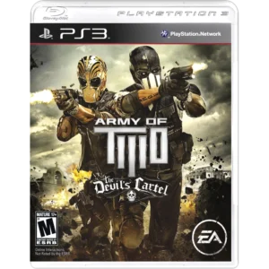 PS3 game cover for Army of Two: The Devil's Cartel, showing two masked soldiers firing pistols amid a smoky battlefield.