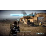 Soldier in a desert camp aiming a rifle, approaching a ruined town with a glowing mission prompt: 'Enter the compound'.