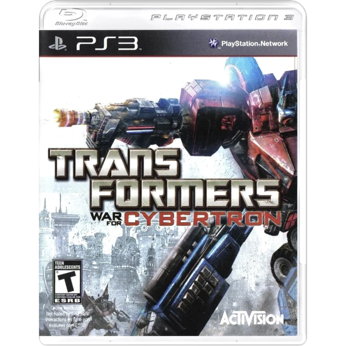 PS3 game cover for Transformers: War for Cybertron showing a dynamic robot in action with bold title text and game logos (ESRB Teen, Activision).