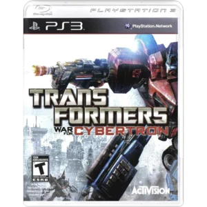 PS3 game cover for Transformers: War for Cybertron showing a dynamic robot in action with bold title text and game logos (ESRB Teen, Activision).