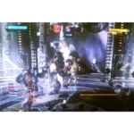 Robot combat scene in a sci‑fi urban arena with muzzle flashes and glowing HUD elements on screen (health/shield bars, timers).