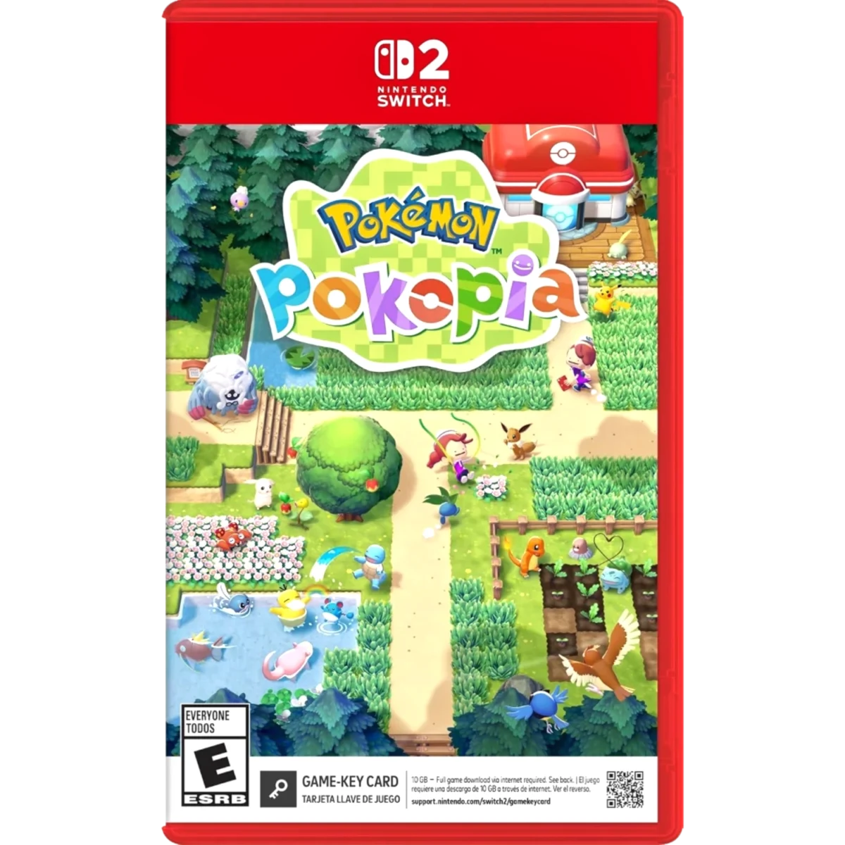 Nintendo Switch game case cover showing a colorful Pokémon-themed scene in a park with lush green grass, trees, and several Pokémon characters; title appears in bright multicolored letters.