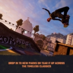 3220f2e1-ae25-42ac-8a68-6c2e9032930d - Video Game Depot Skateboarder mid-air performing a trick over a graffiti-filled skate park at sunset, with palm trees and city buildings in the background.
