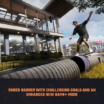 4ea39660-65c7-49ad-8d39-d2af68fc658b - Video Game Depot Skateboarder balancing on a large pipe beside a modern building; bottom banner reads 'Shred harder with challenging goals and an enhanced new Game+ mode' (promo image).