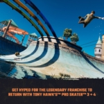 97f39c2d-6683-482b-aa5b-a2b8b44f9609 - Video Game Depot Skateboarder mid-air over a curved skate bowl with colorful pipes overhead; bold orange promo text at the bottom promoting Tony Hawk's Pro Skater 3+4.
