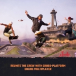 98f8e665-c45c-4b01-be01-695325e43ca0 - Video Game Depot Three skateboarders jump over ramps in a graffiti-covered skate park; promotional text about cross-platform online multiplayer.