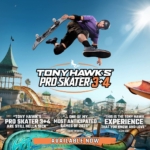 d2c20f6f-9319-4189-9620-4cc36f7231ad - Video Game Depot Promo poster for Tony Hawk's Pro Skater 3+4 featuring a skater in mid-air above a colorful outdoor skate park giant logo at the center.