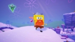 SpongeBob-like cartoon character wearing a Viking helmet runs on a snowy hill in a bright purple winter landscape.