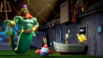 Giant green merman with a trident stands on a pirate ship deck as SpongeBob peeks from a hatch while a red crab and a small green-sailed squid watch from a boat nearby.