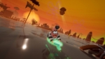 Cartoon prisoner in black‑and‑white stripes rides a glowing green ring over an orange sunset sea, with stylized islands in the background.