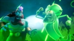 Two cartoon heroes clash in a neon-green glow, a muscular bearded warrior facing a green ghostly foe in battle.