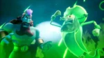 Two neon-green characters clash in a glowing fantasy world: a muscular king with a crown facing a serpentine, glowing foe.