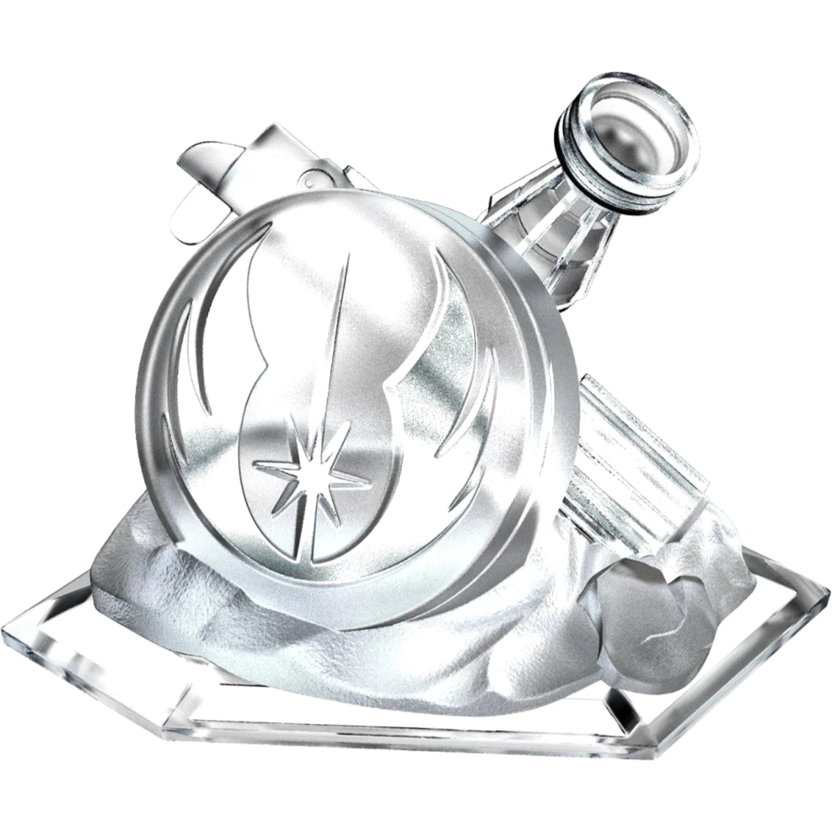 Shiny silver Christmas ornament with a star engraving, resting on a reflective base against a dark background.