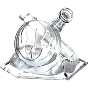 TWILIGHT-REPUBLIC-STAR-WARS-DISNEY-INFINITY-30-PLAY-SET-PIECE-001-301152944144 - Video Game Depot Shiny silver Christmas ornament with a star engraving, resting on a reflective base against a dark background.