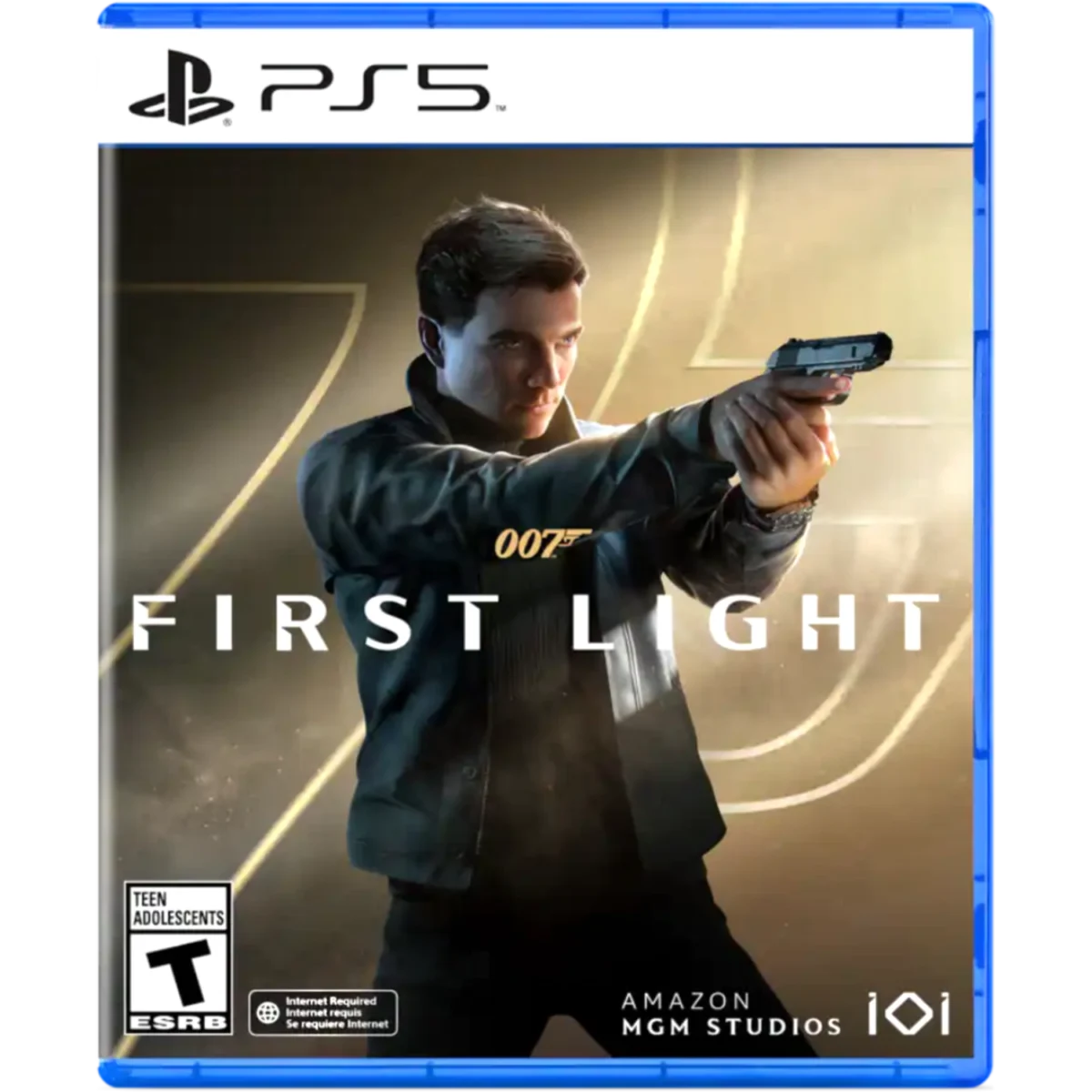 PS5 game cover for '007: First Light' showing a man aiming a pistol, with the title 'FIRST LIGHT' and ESRB Teen rating icon.