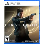 PS5 game cover for '007: First Light' showing a man aiming a pistol, with the title 'FIRST LIGHT' and ESRB Teen rating icon.