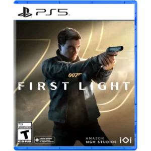 PS5 game cover for '007: First Light' showing a man aiming a pistol, with the title 'FIRST LIGHT' and ESRB Teen rating icon.