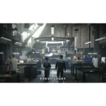 Movie poster for First Light: scientists in a futuristic high-tech lab with a circular ring device above a central stage.