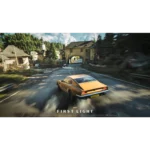 Yellow vintage sports car speeding away on a winding mountain road toward a stone archway in a village, with trees and houses on both sides, motion-blurred scenery.