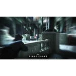 Movie poster for 007: First Light; a moody, blurred urban night scene with a figure in the center and architectural details in the foreground.