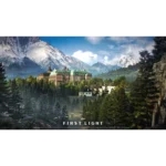 Mansion with green roof in a forested valley, snow-capped mountains behind and a clear blue sky;
