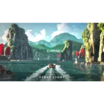 Promotional poster: a motorboat speeds through turquoise water between towering limestone cliffs and red-sailed ships.