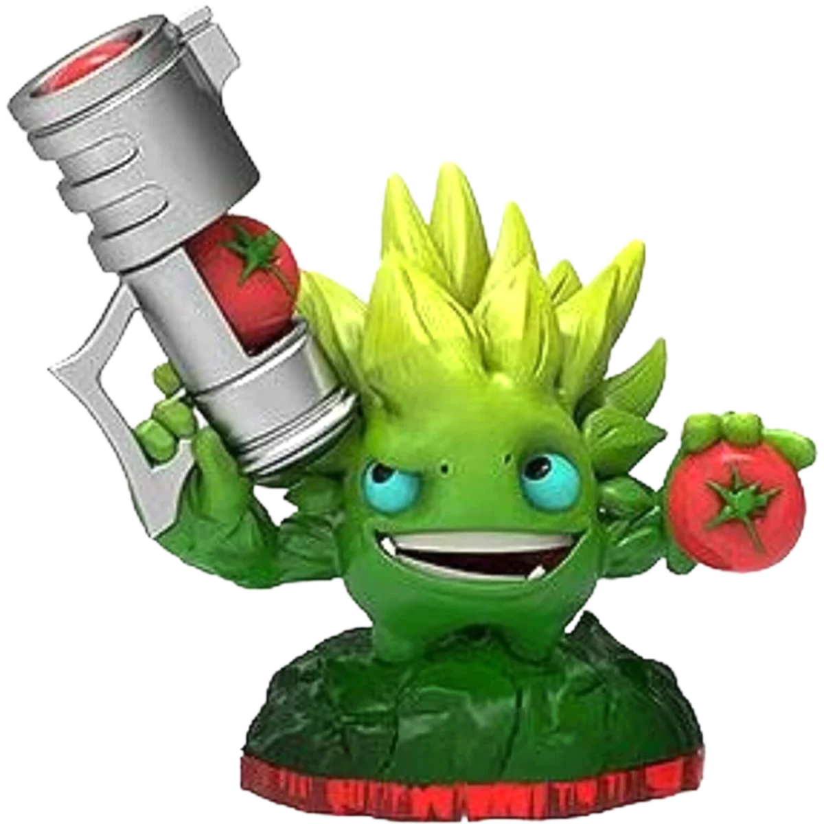 Cartoon green dragon mascot holding a large silver torch with a red tomato nearby.