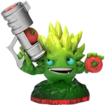 Cartoon green dragon mascot holding a large silver torch with a red tomato nearby.