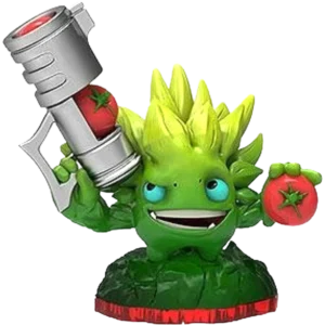 Cartoon green dragon mascot holding a large silver torch with a red tomato nearby.