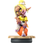 Cartoonish yellow-haired character with squid-like features sitting atop an orange ball on a display stand; wearing a yellow off-shoulder top and white socks.
